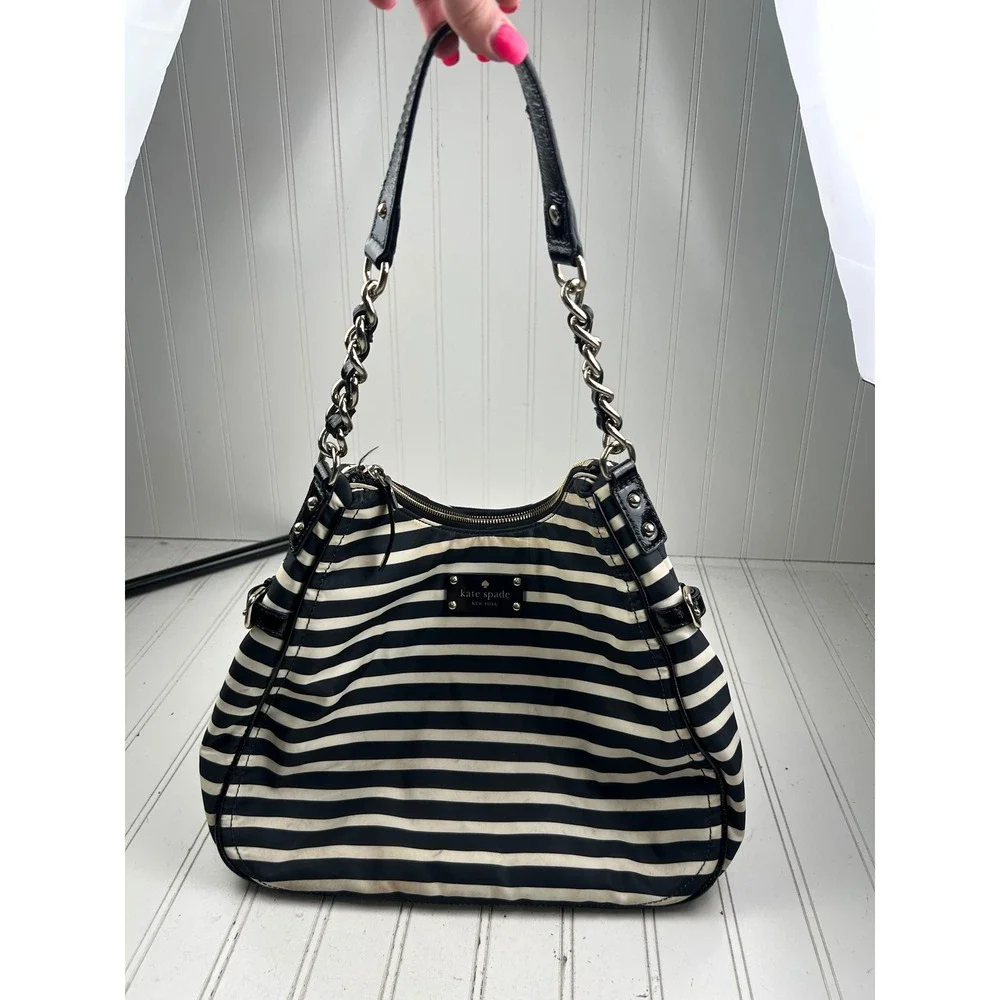 Kate Spade Vintage Y2K Black White Striped Nylon Shoulder Bag Chain Strap Purse